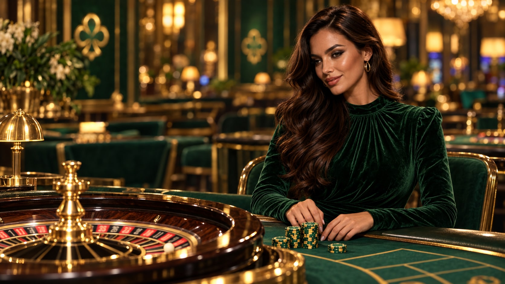 Tavolo da gioco nella lobby Nightluck Hostess seduta al tavolo da roulette mentre sistema fiches verdi e dorate